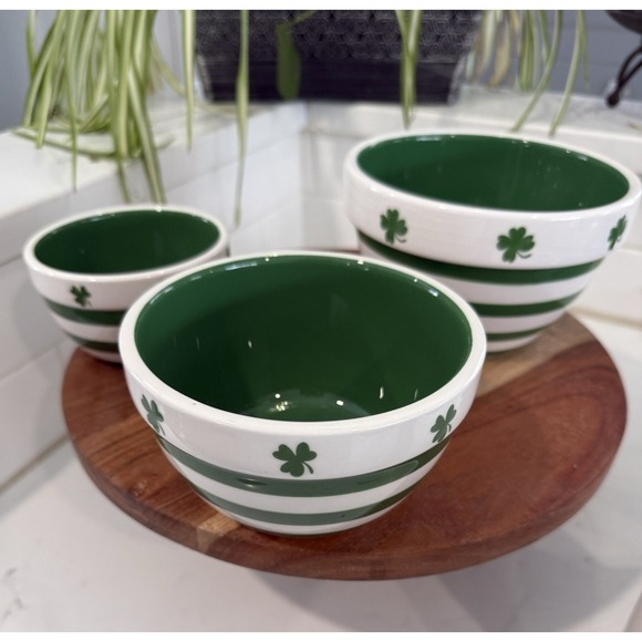 Rae Dunn Mugs St. Patrick's Day (2) and Terramoto Stacking Bowls (3) White/Green - Picture 10 of 16